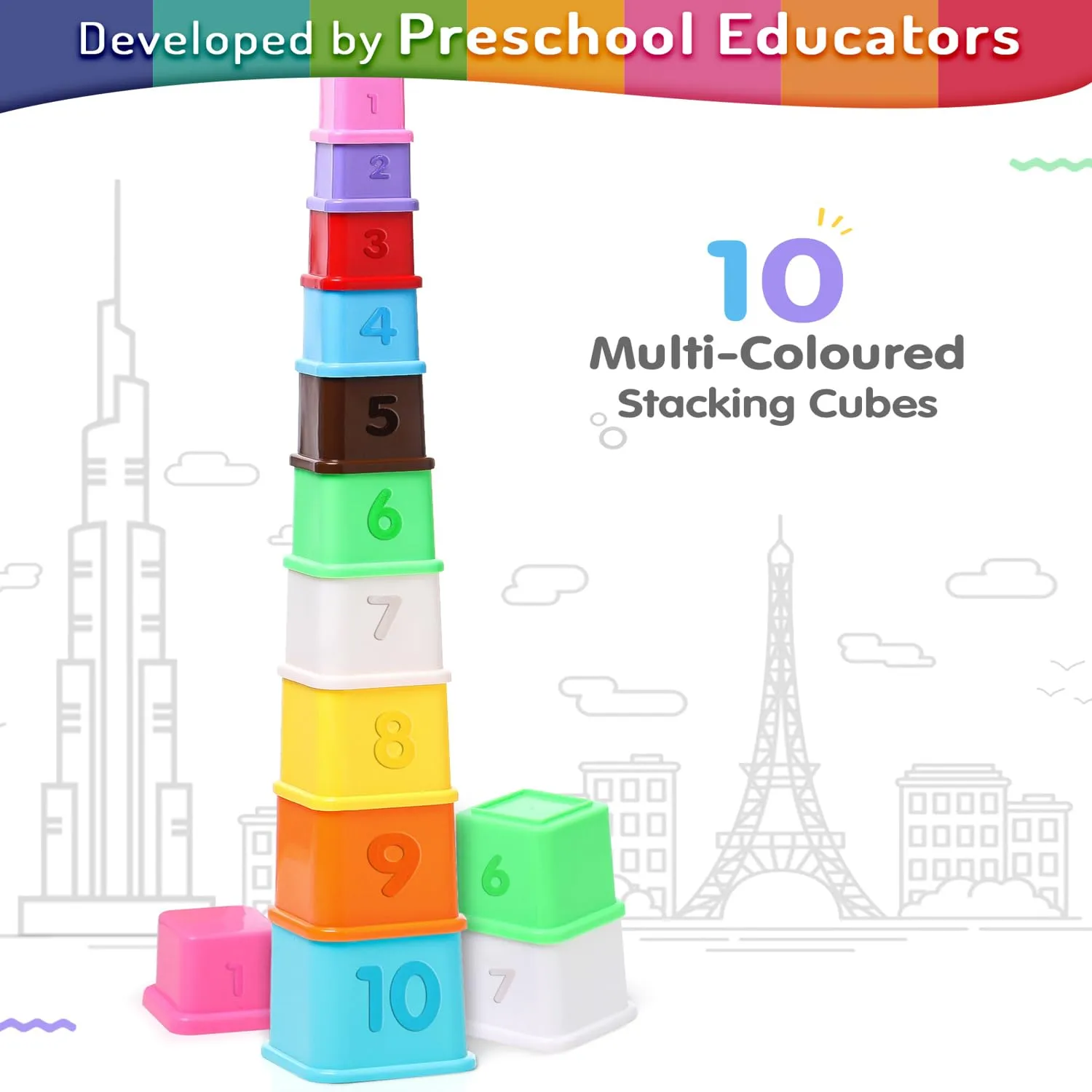 FIRSTCRY INTELLISKILLS Premium Stacking & Sequencing Cubes Toy|Activity & Learning Toy For Babies|Nesting Toy For Infants & Preschoolers I Multicolor - 10 Pieces
