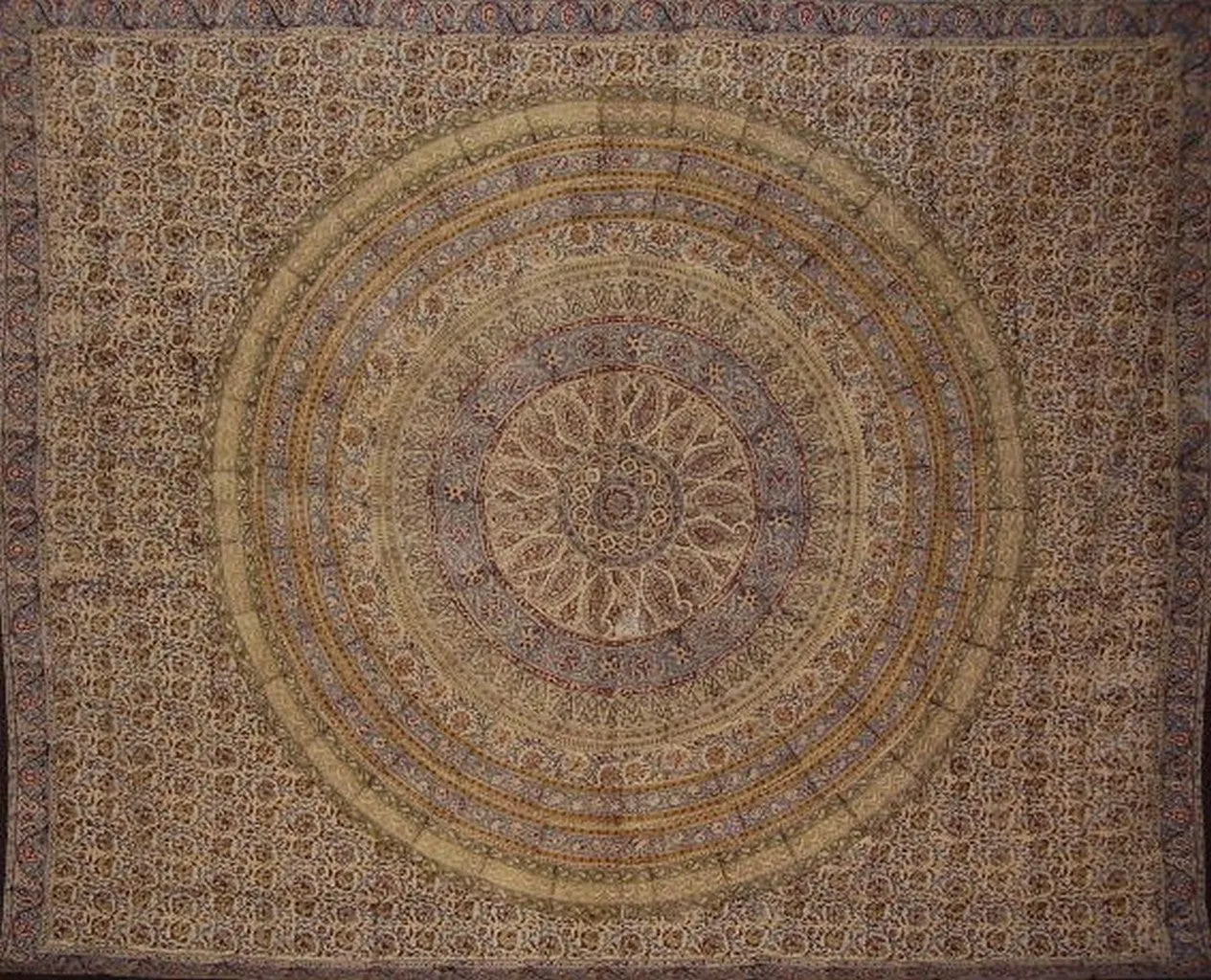 Kalamkari Block Print Tapestry Cotton Bedspread 108" x 108" Queen-King