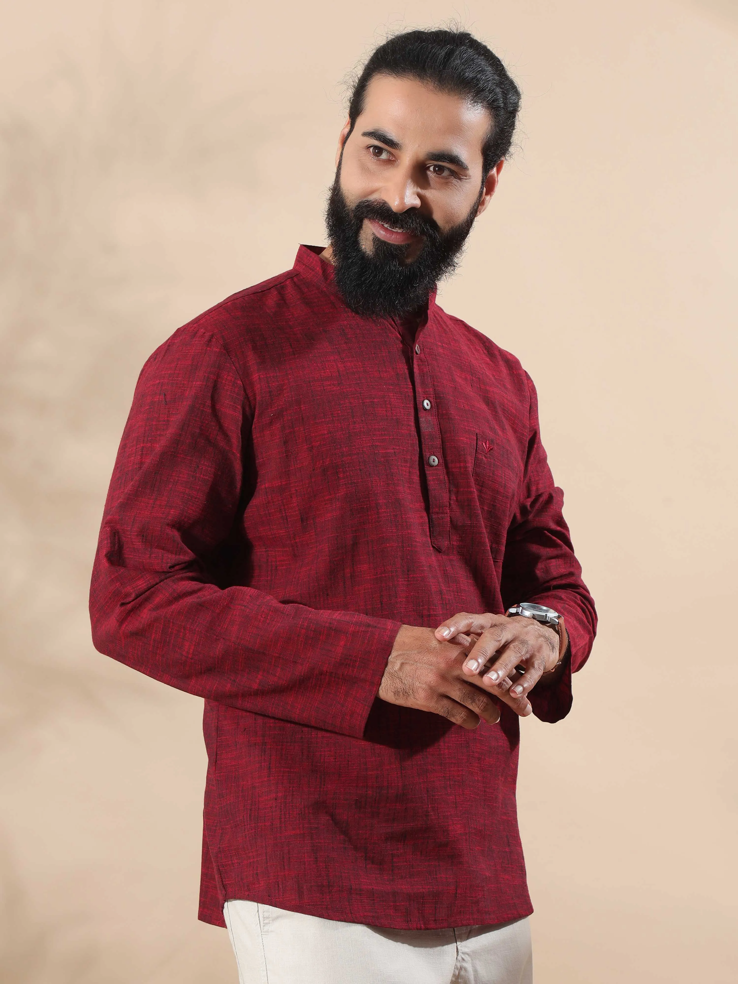 Maroon Cotton Self Textured Short Kurta