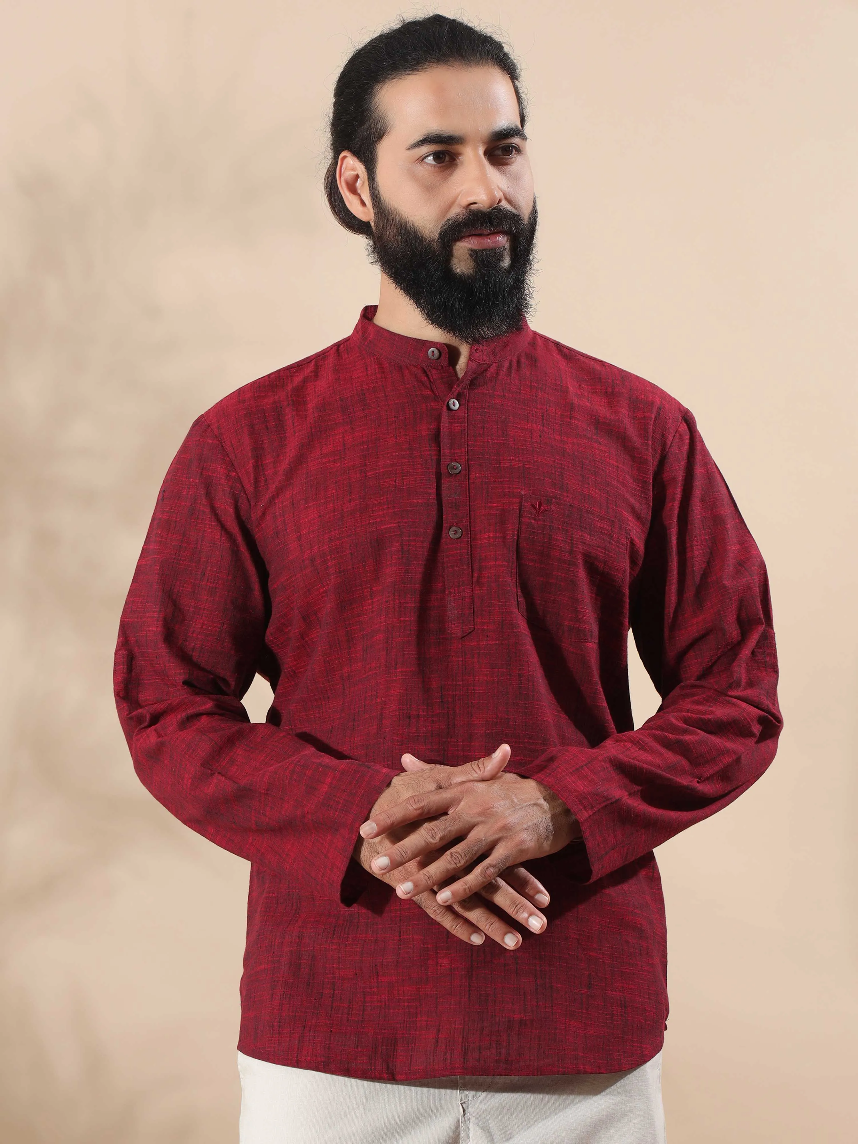 Maroon Cotton Self Textured Short Kurta