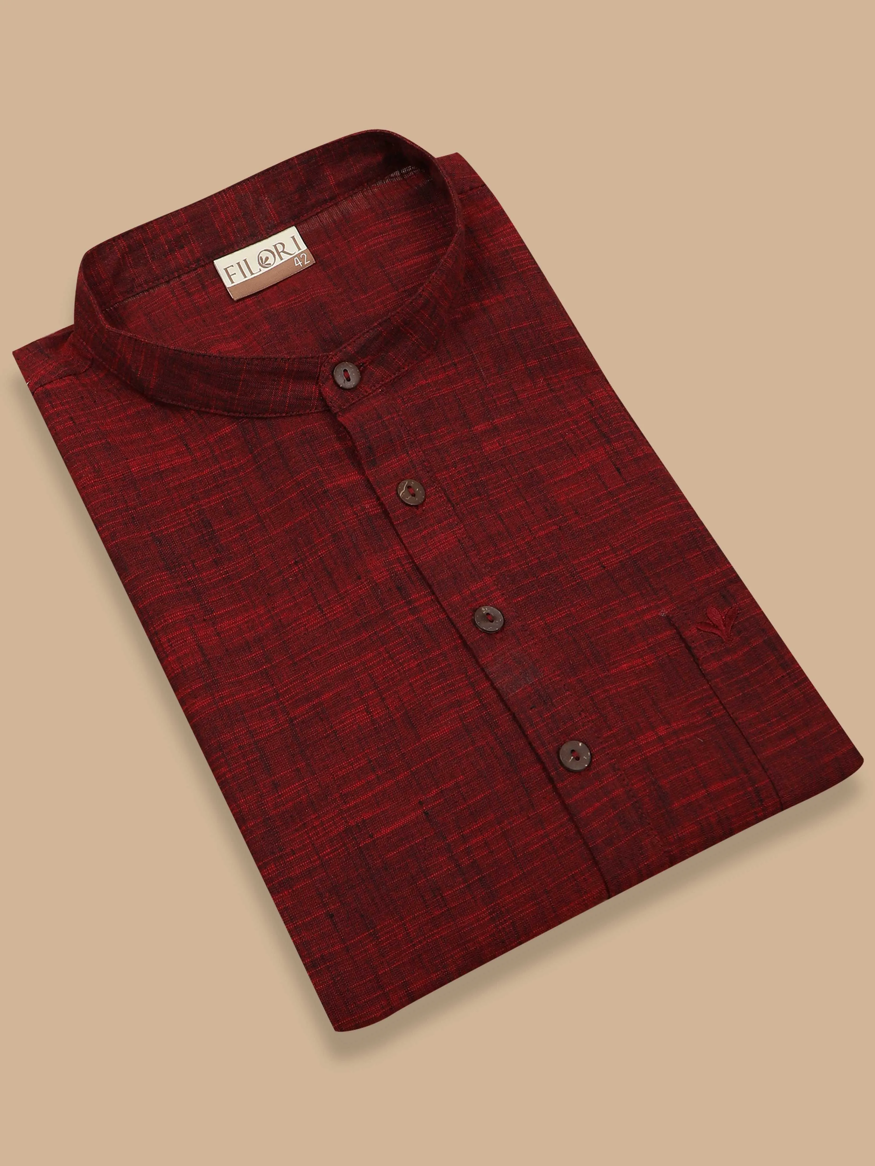 Maroon Cotton Self Textured Short Kurta