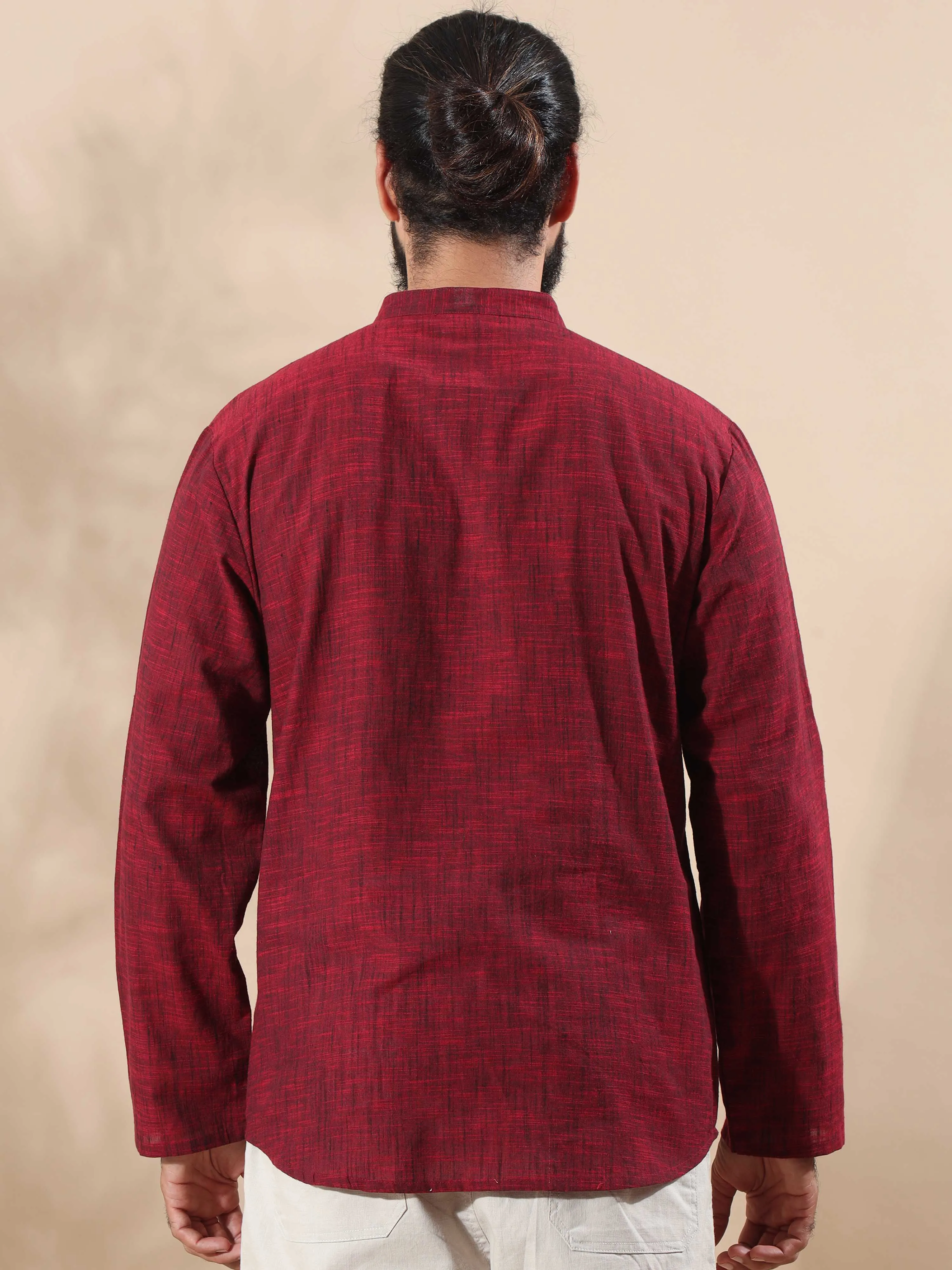 Maroon Cotton Self Textured Short Kurta
