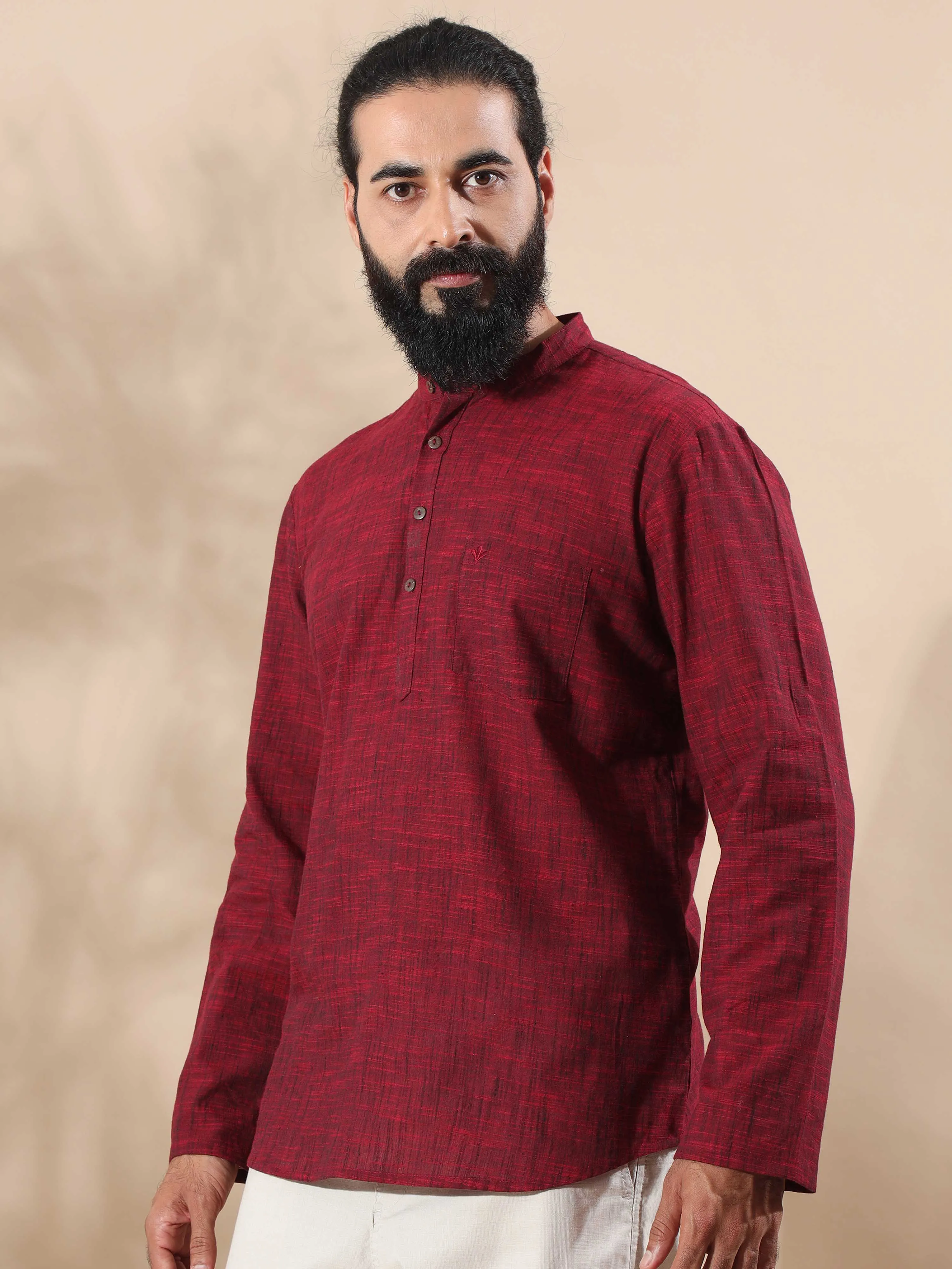 Maroon Cotton Self Textured Short Kurta