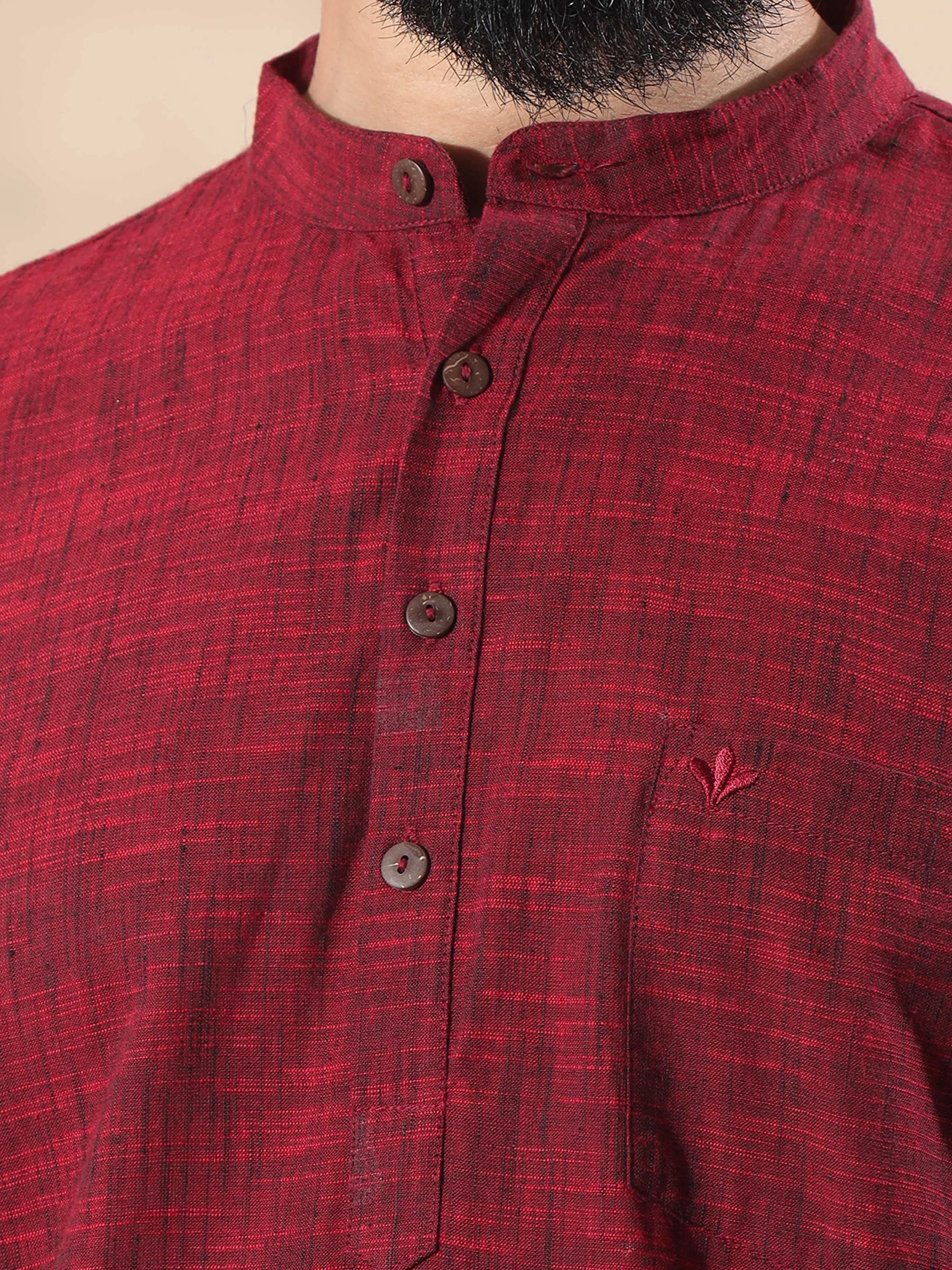 Maroon Cotton Self Textured Short Kurta