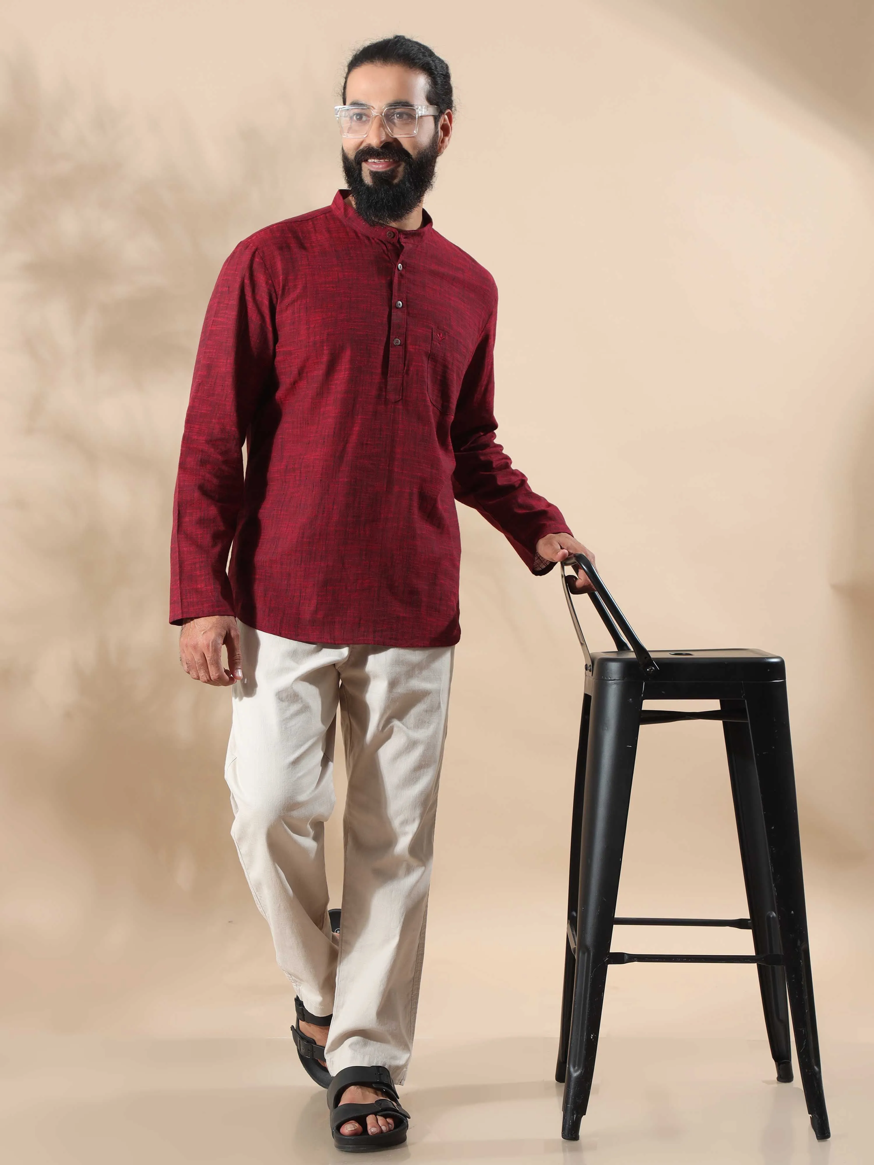 Maroon Cotton Self Textured Short Kurta