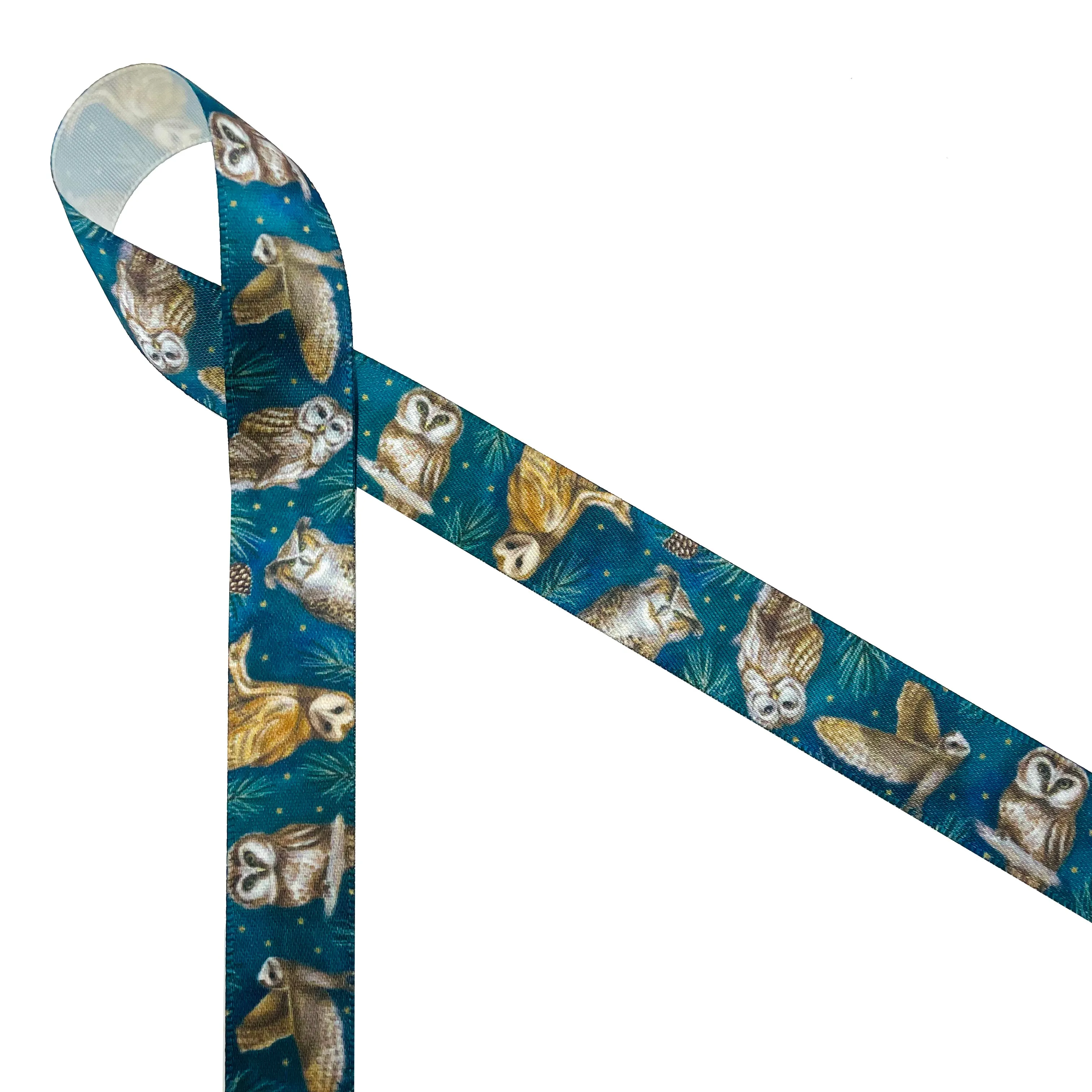 Owl ribbon artful owls on a teal blue background with gold stars and pine branches printed on 5/8" and 1.5" white satin