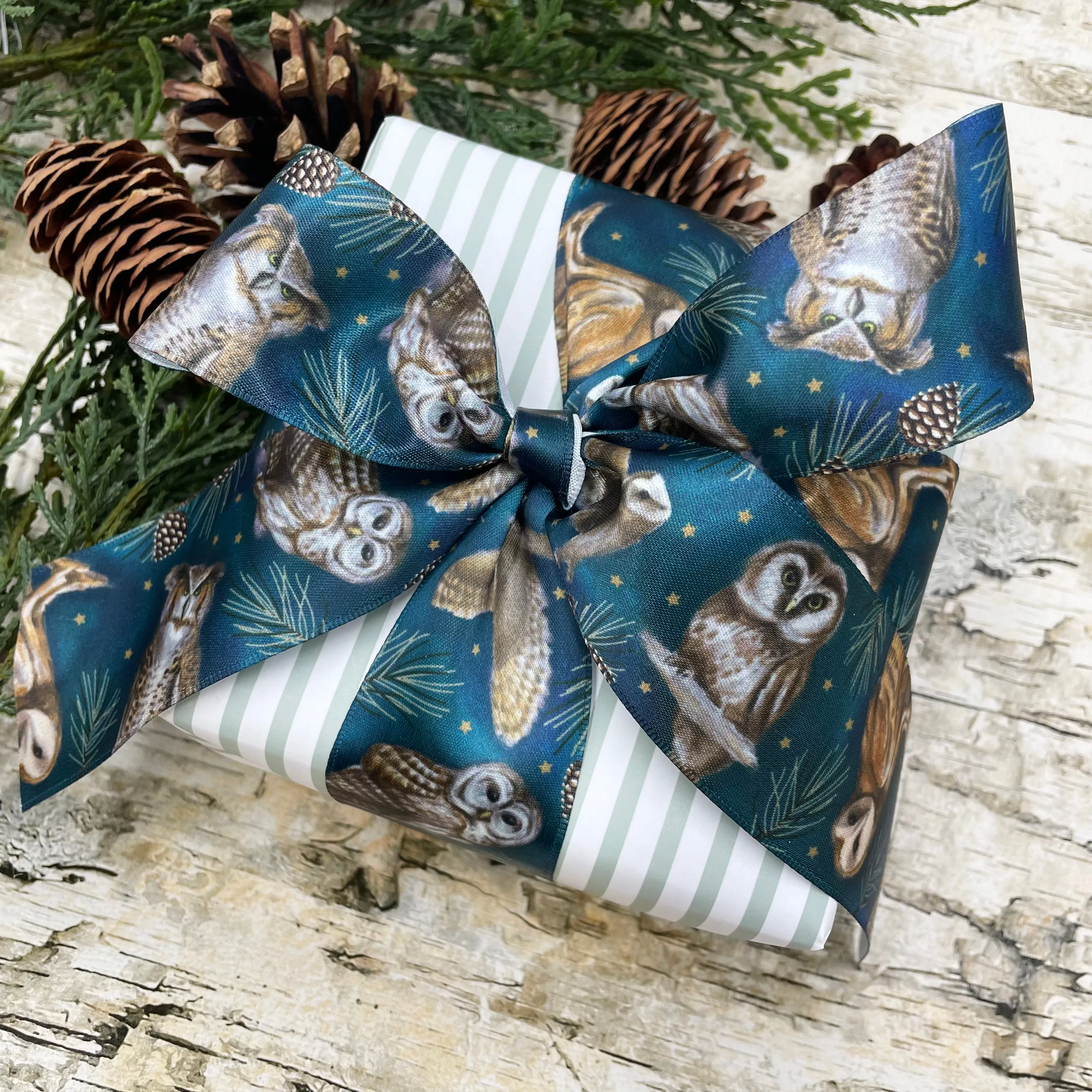 Owl ribbon artful owls on a teal blue background with gold stars and pine branches printed on 5/8" and 1.5" white satin