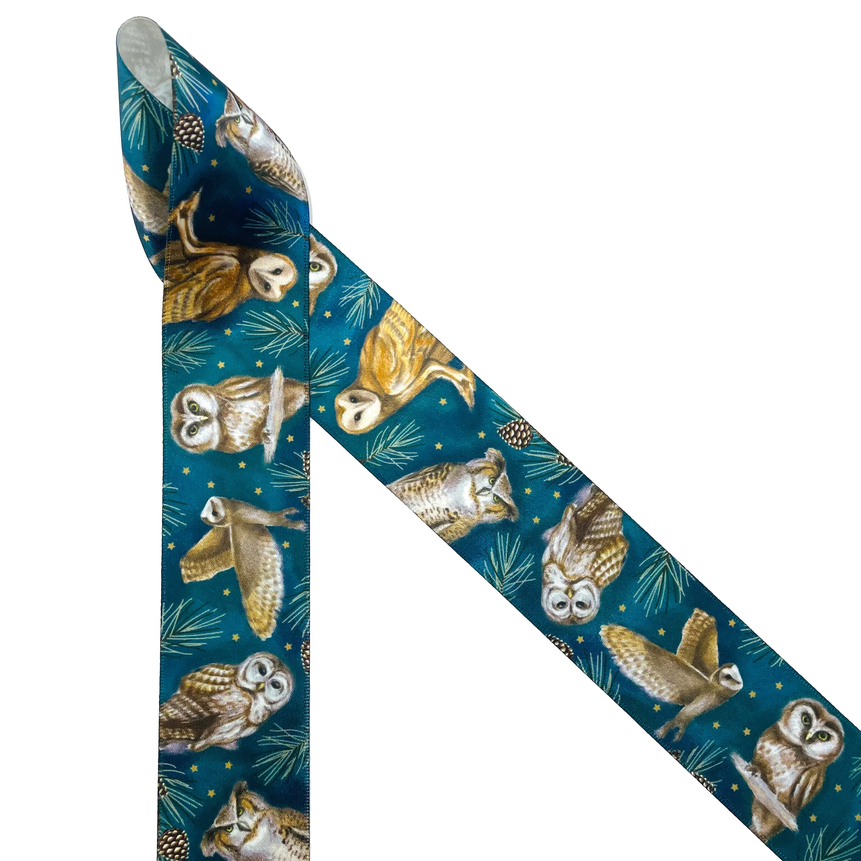 Owl ribbon artful owls on a teal blue background with gold stars and pine branches printed on 5/8" and 1.5" white satin