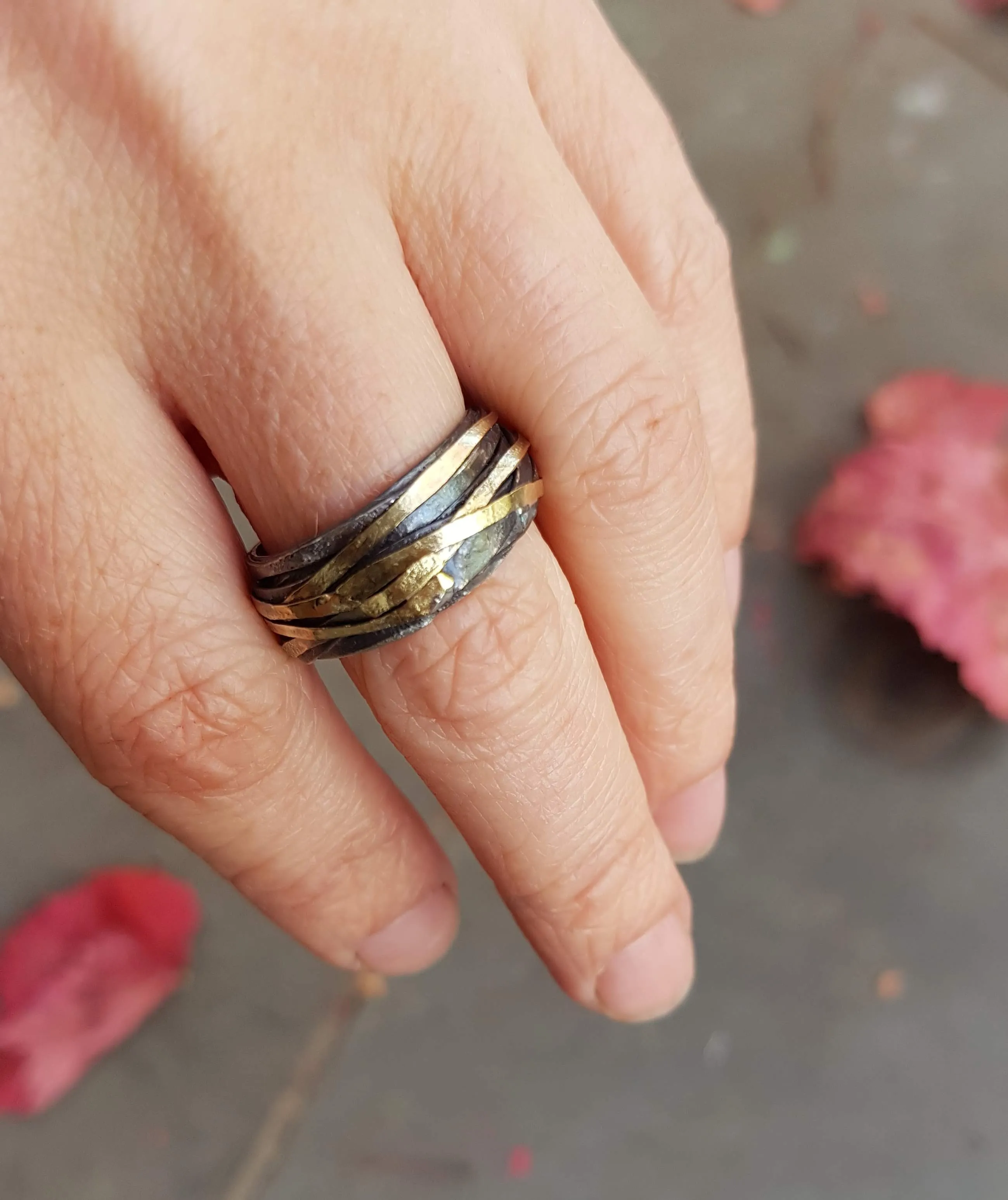 Oxidised gold and silver wrap ring