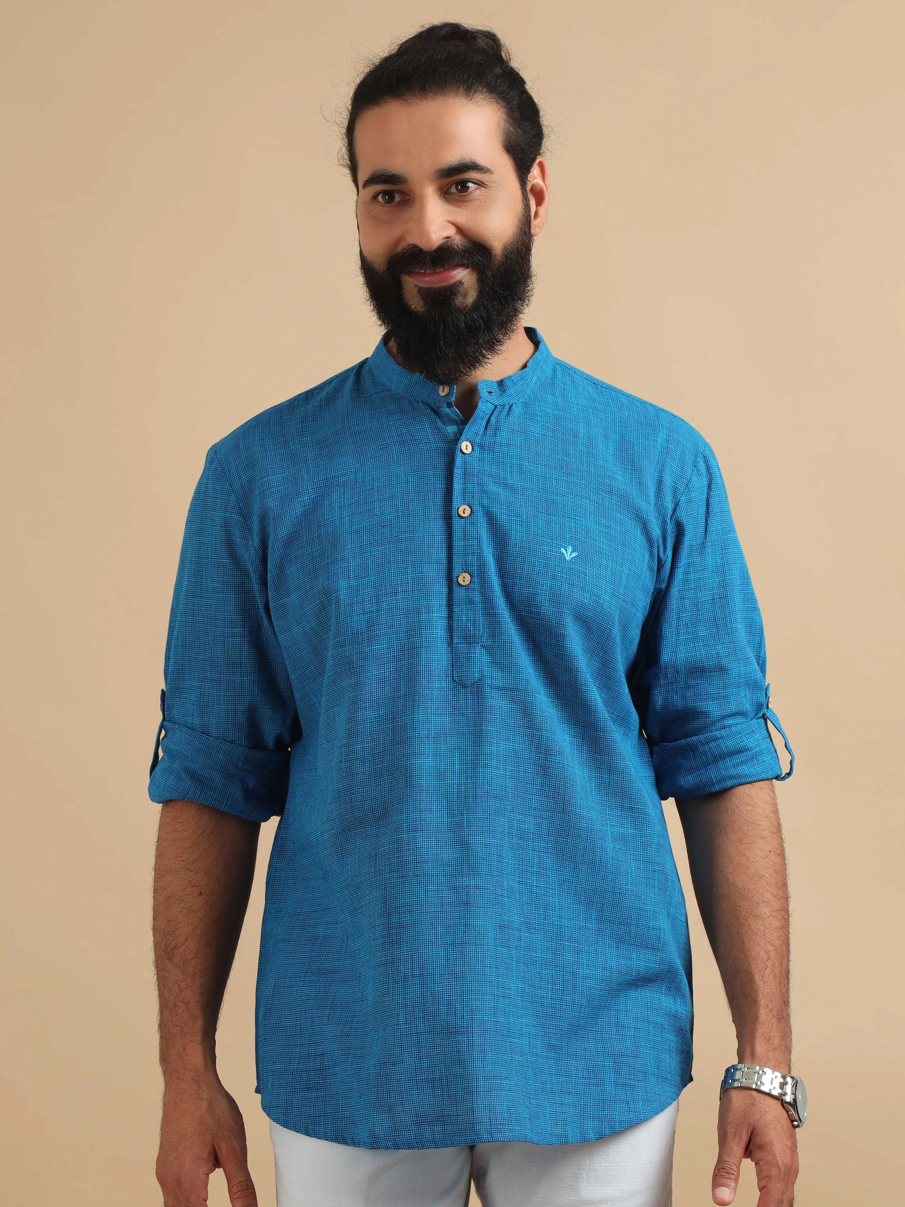 Royal Blue Cotton Self Textured Short Kurta