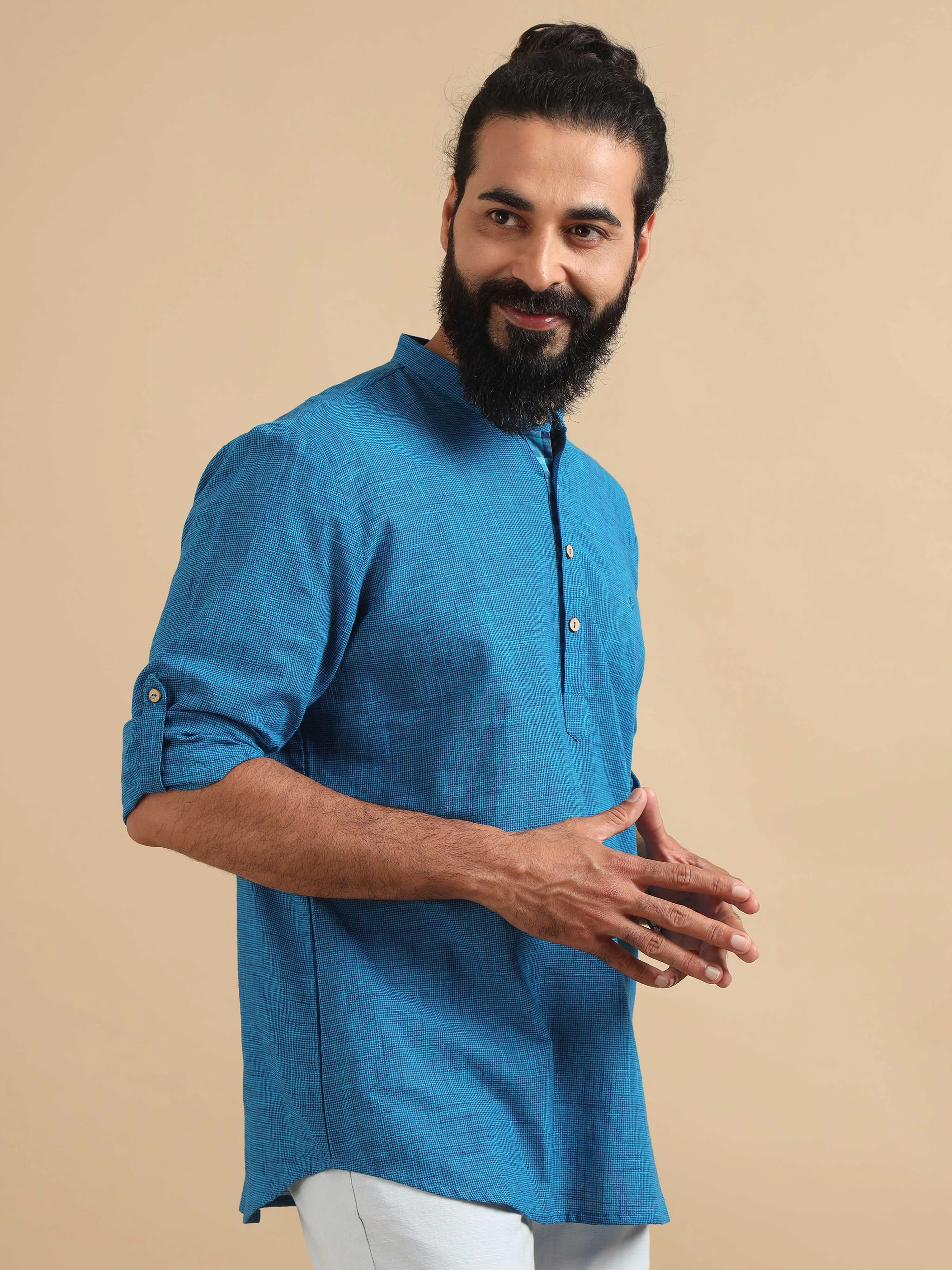 Royal Blue Cotton Self Textured Short Kurta