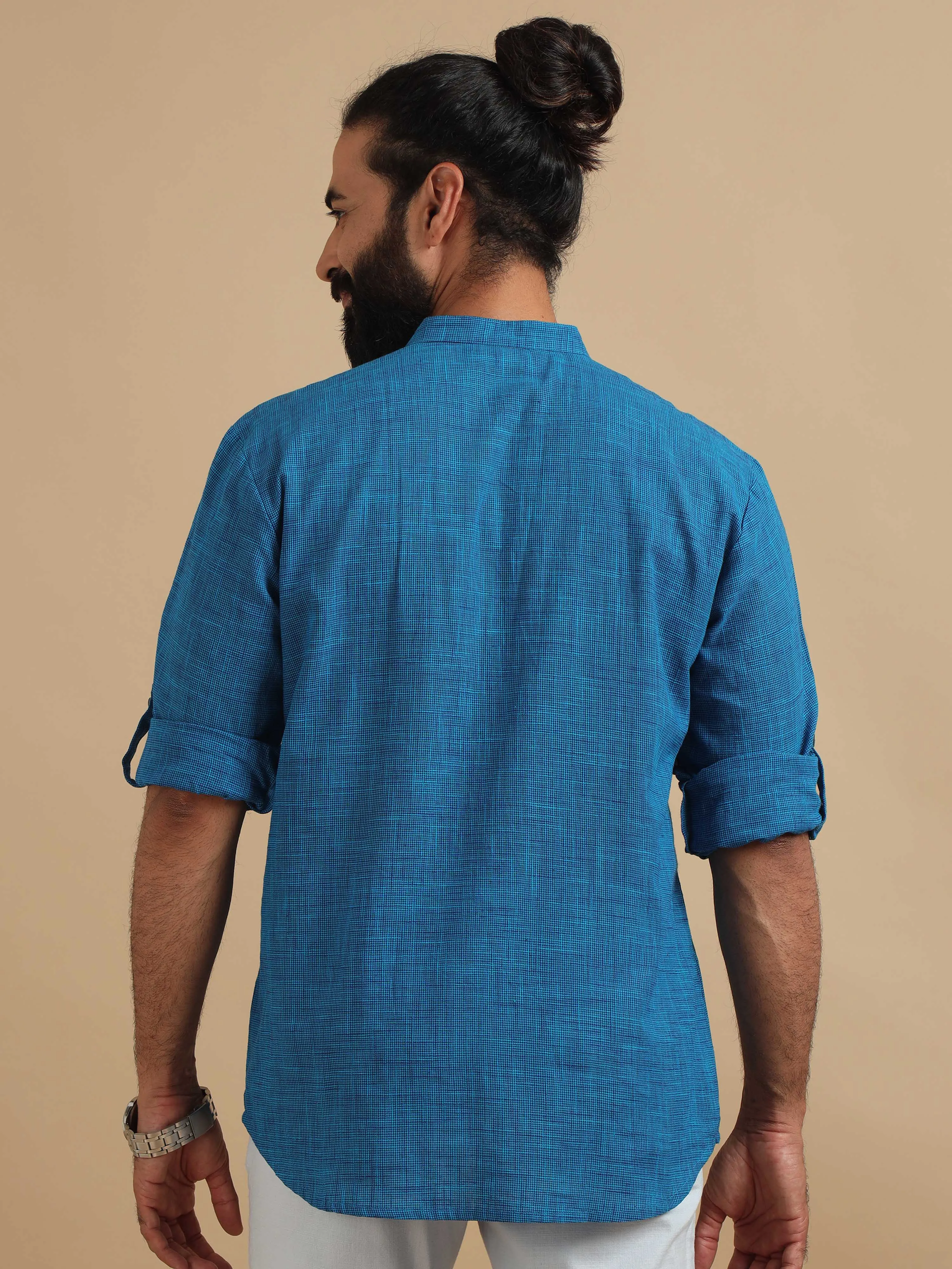 Royal Blue Cotton Self Textured Short Kurta