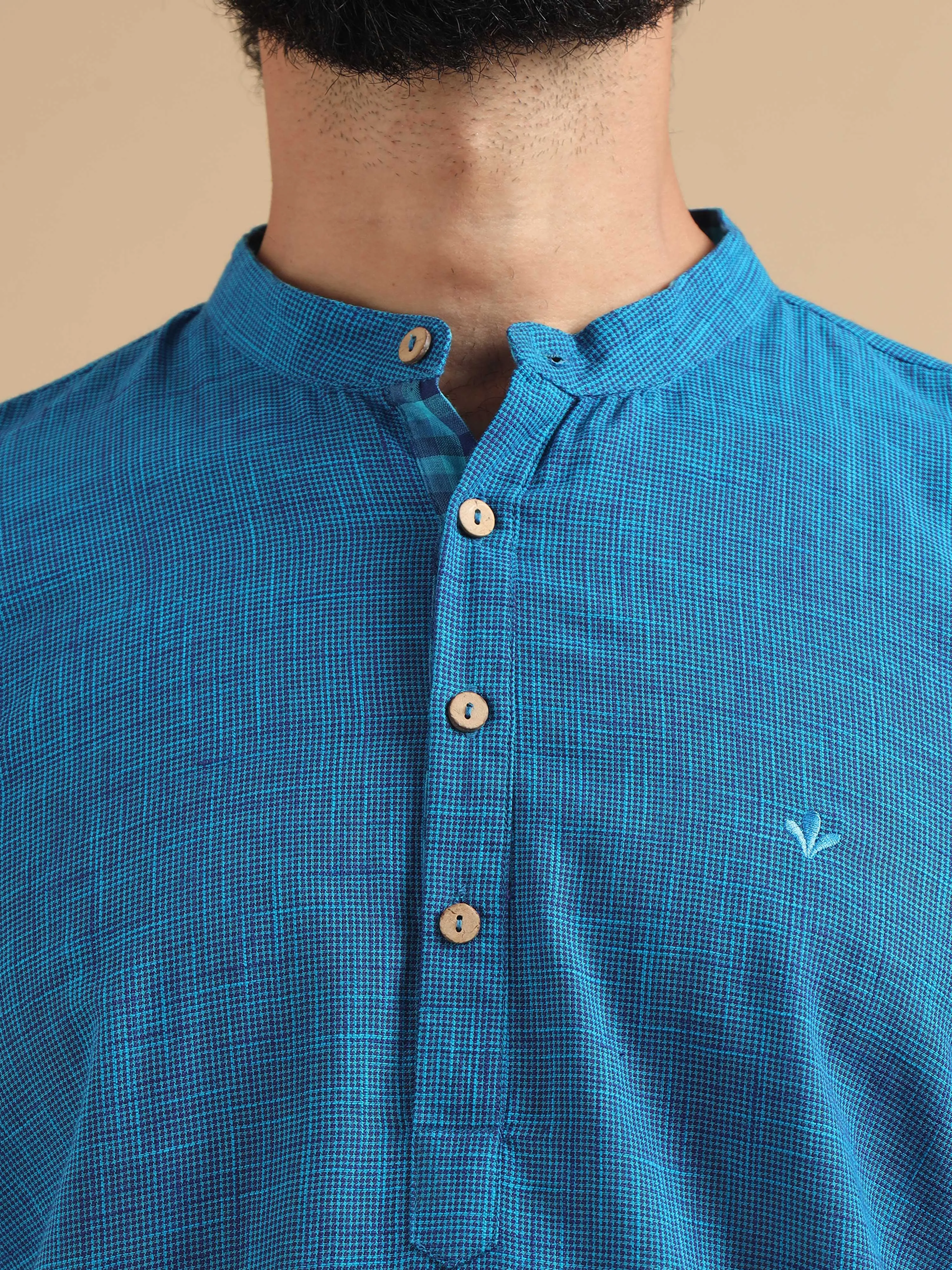 Royal Blue Cotton Self Textured Short Kurta