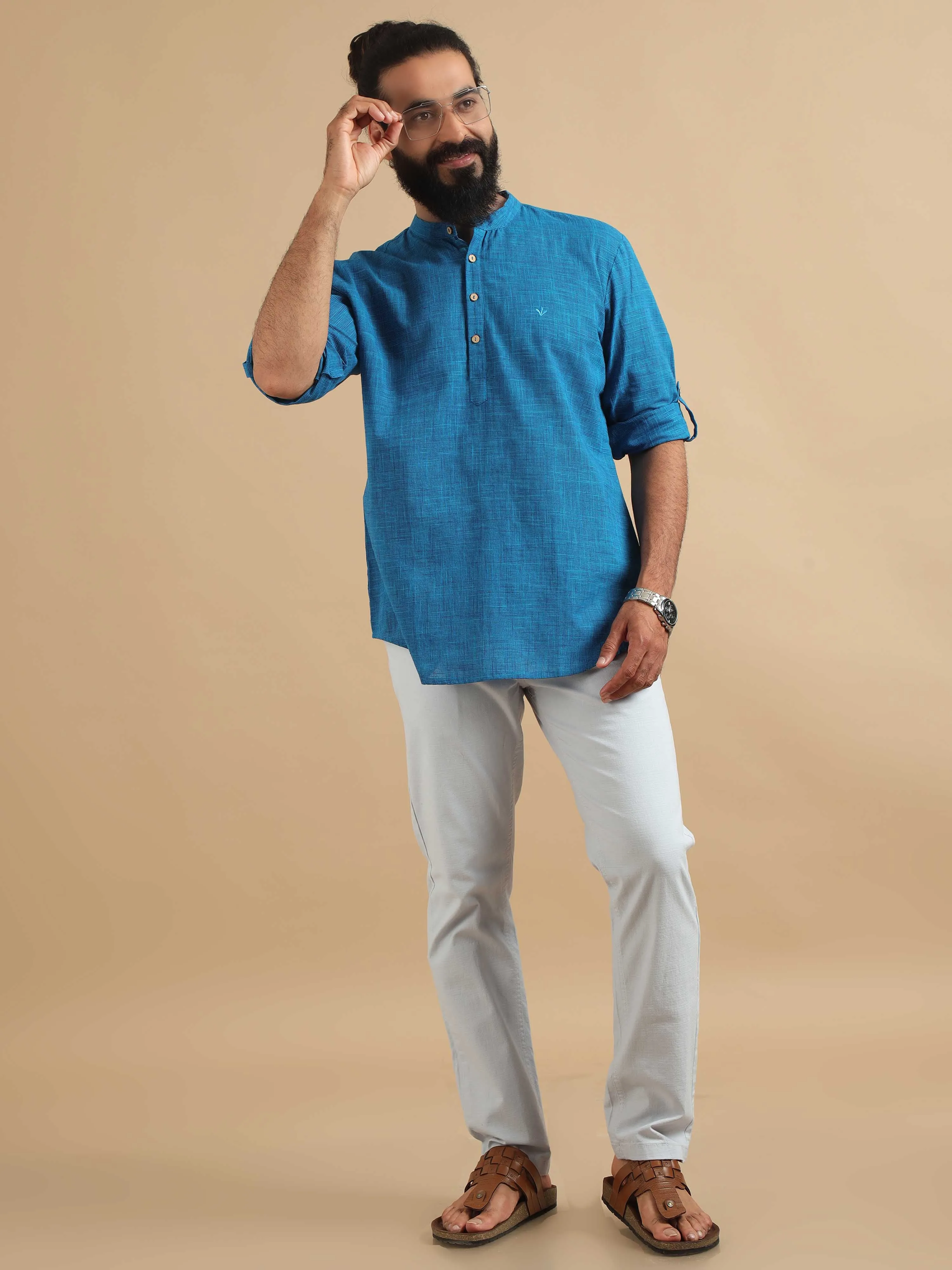 Royal Blue Cotton Self Textured Short Kurta