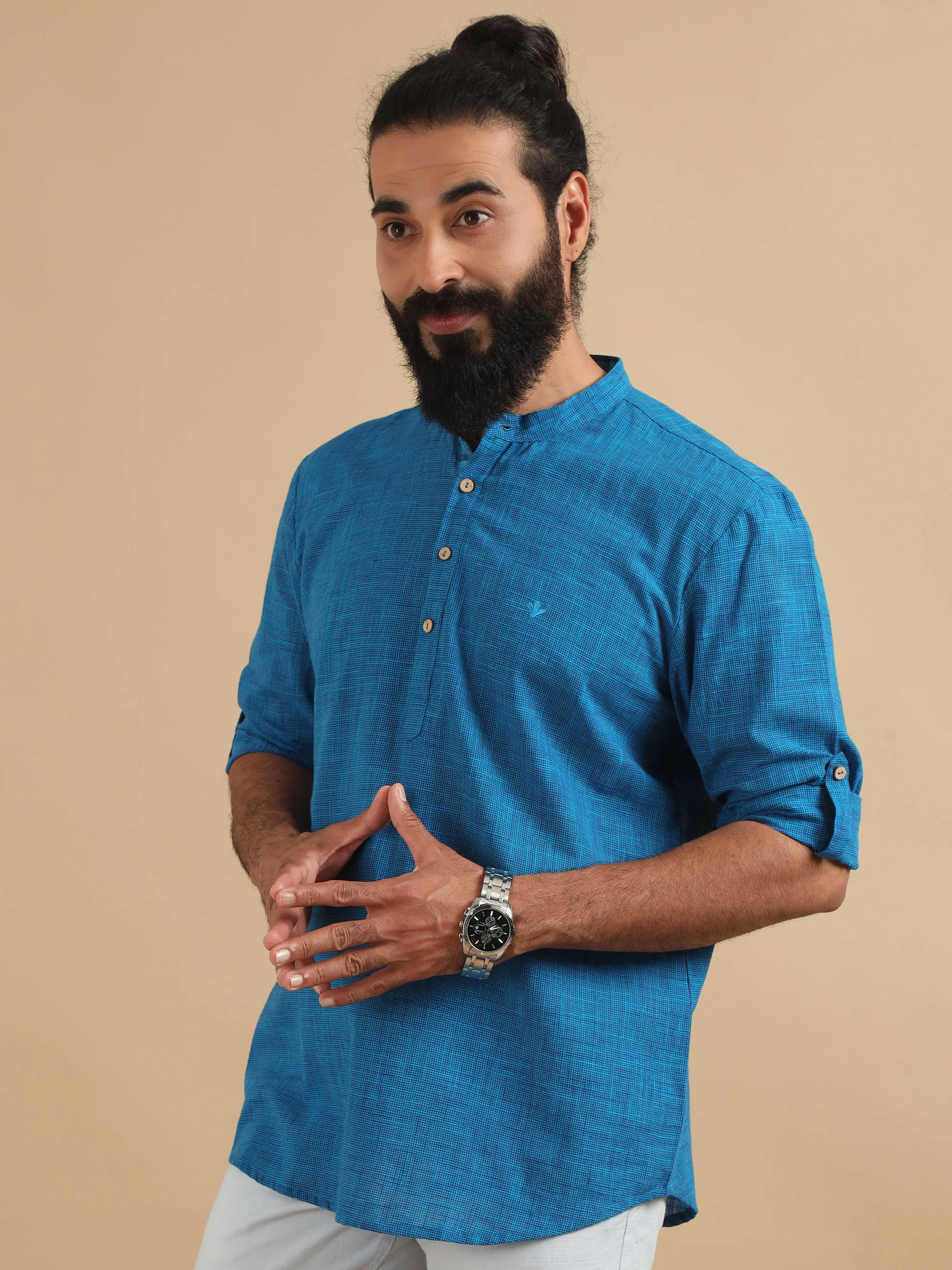 Royal Blue Cotton Self Textured Short Kurta