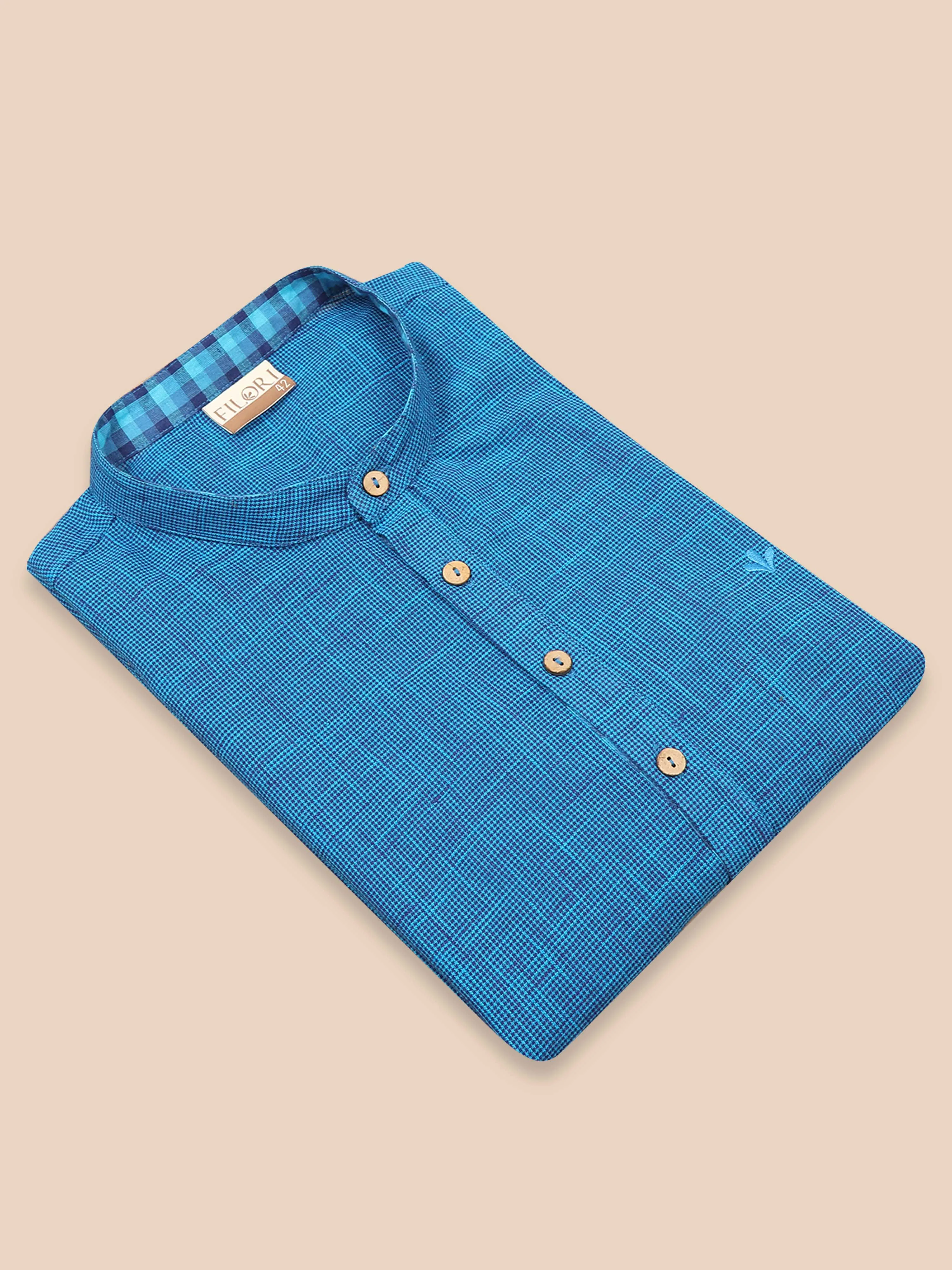 Royal Blue Cotton Self Textured Short Kurta