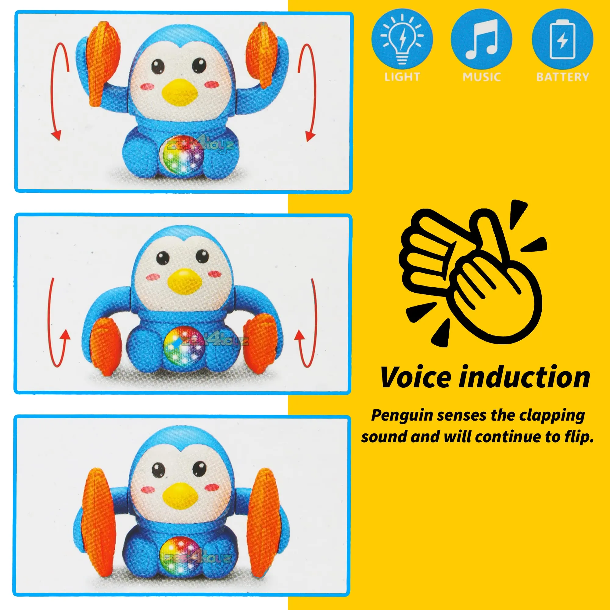 Zest 4 Toyz Musical Toys Tumbling Penguin Toys with Voice Control Light Music & Rotating Arm Fish Sound Toy for Kids (Pack of 1) Random Color Dispatch